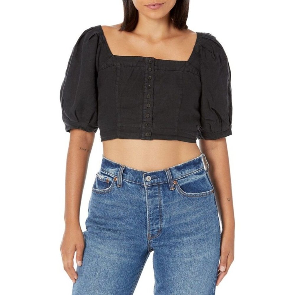 Joie Linen Square Neck Floral Cropped Blouse